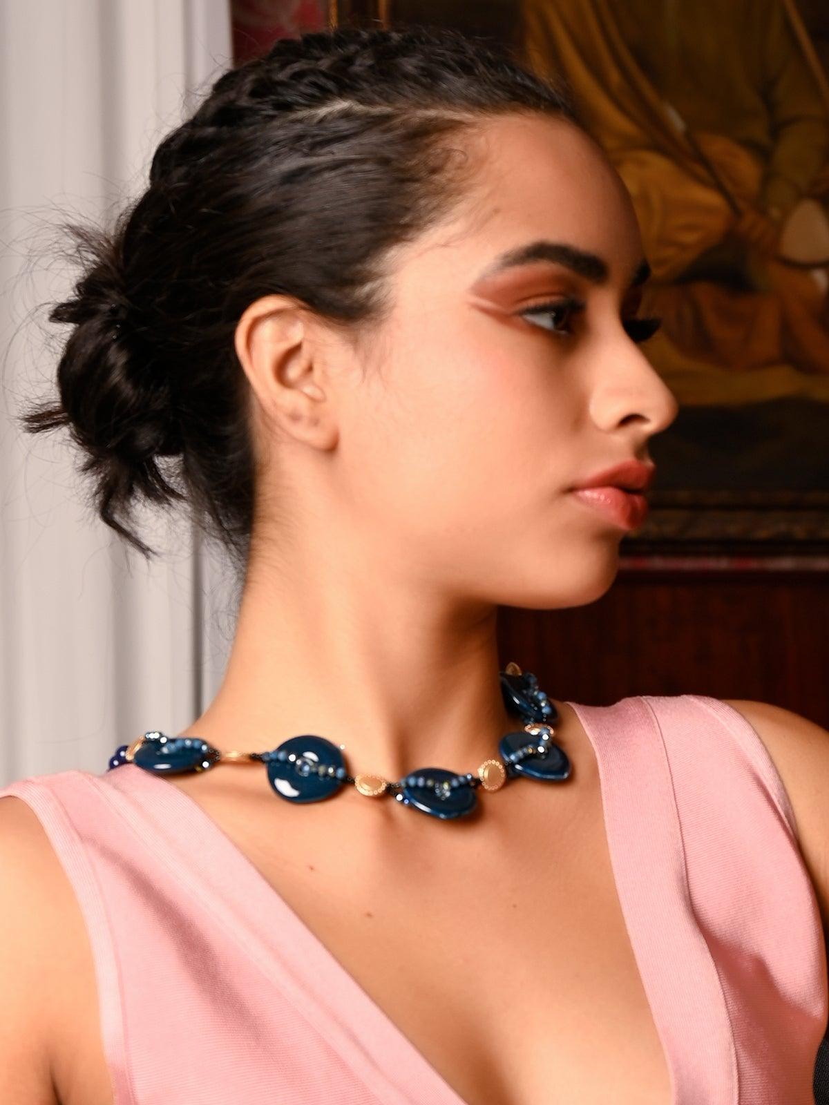 Women's Designer Blue Buttoned Boho Necklace - Odette