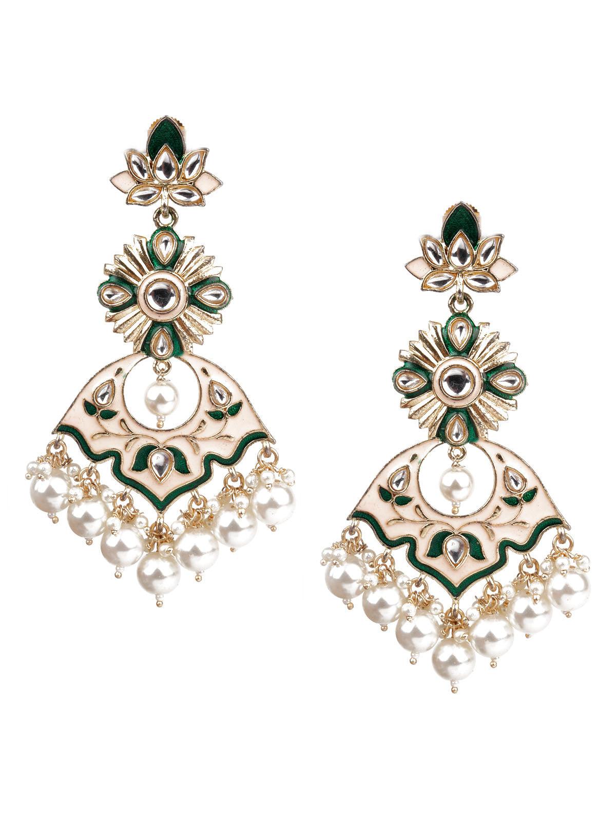 Women's Designer Green And Cream Dangler Earrings - Odette