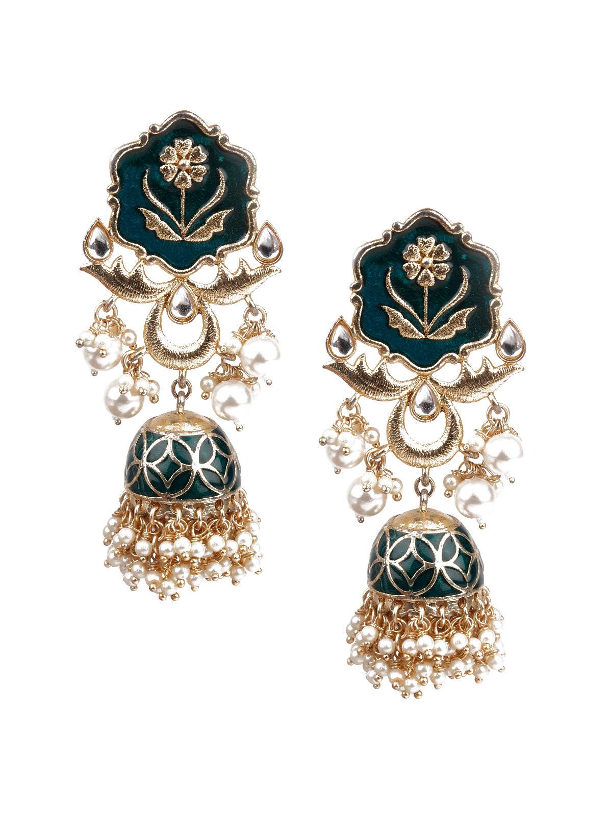 Women's Designer Green And Gold Dangle Jhumki Earrings - Odette