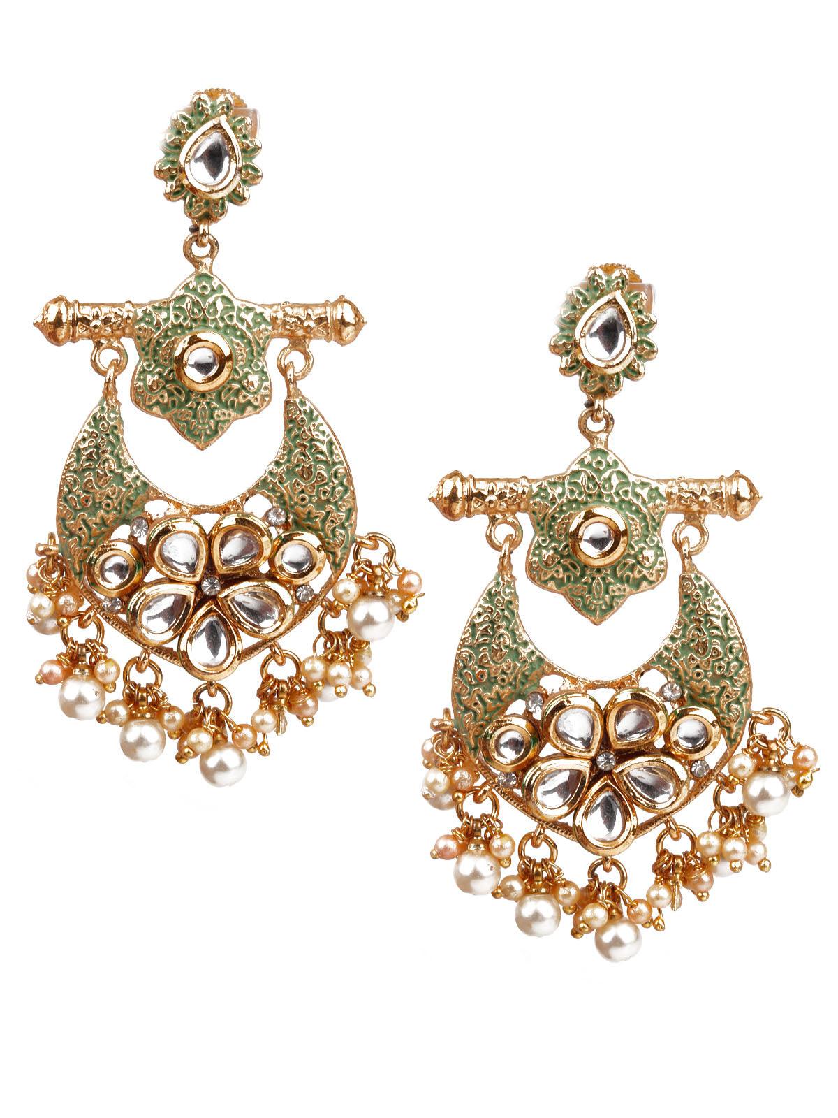Women's Designer Green And Gold Dangler Chandbali Earrings - Odette