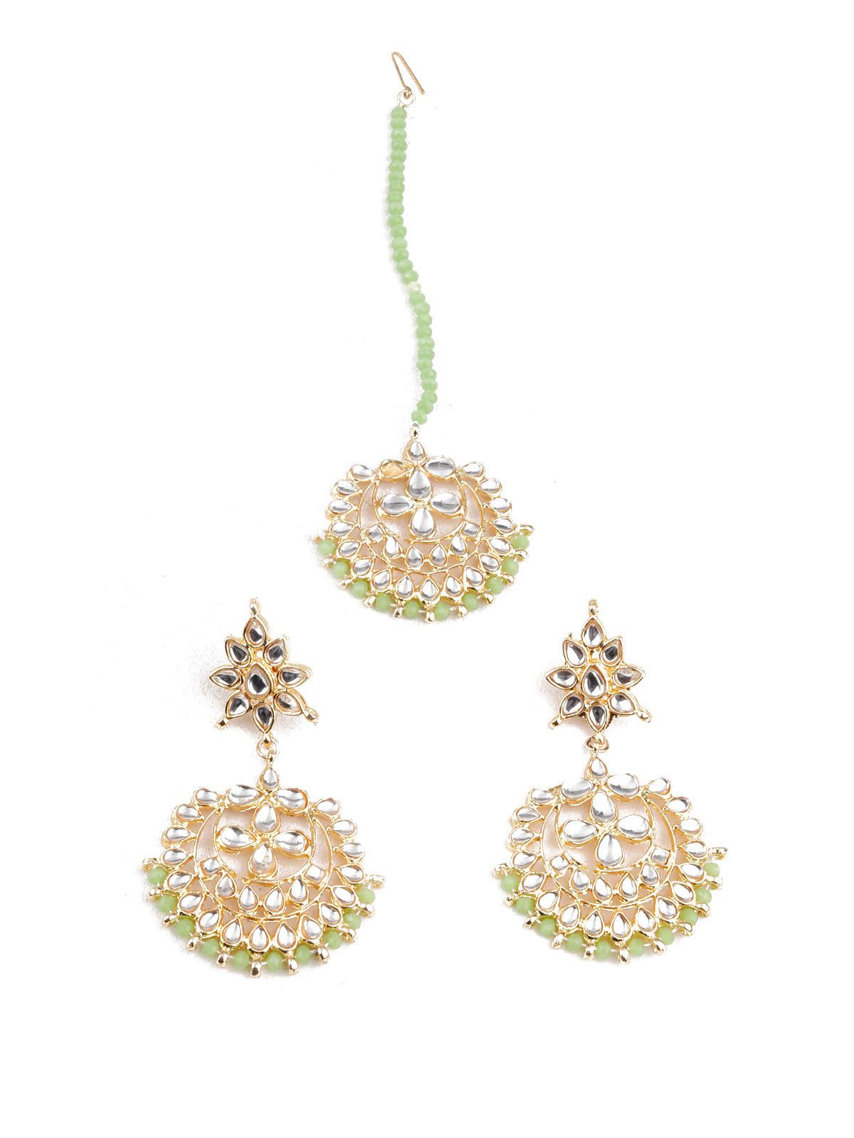 Women's Designer Green And Gold Dangler Earrings And Mangtika - Odette