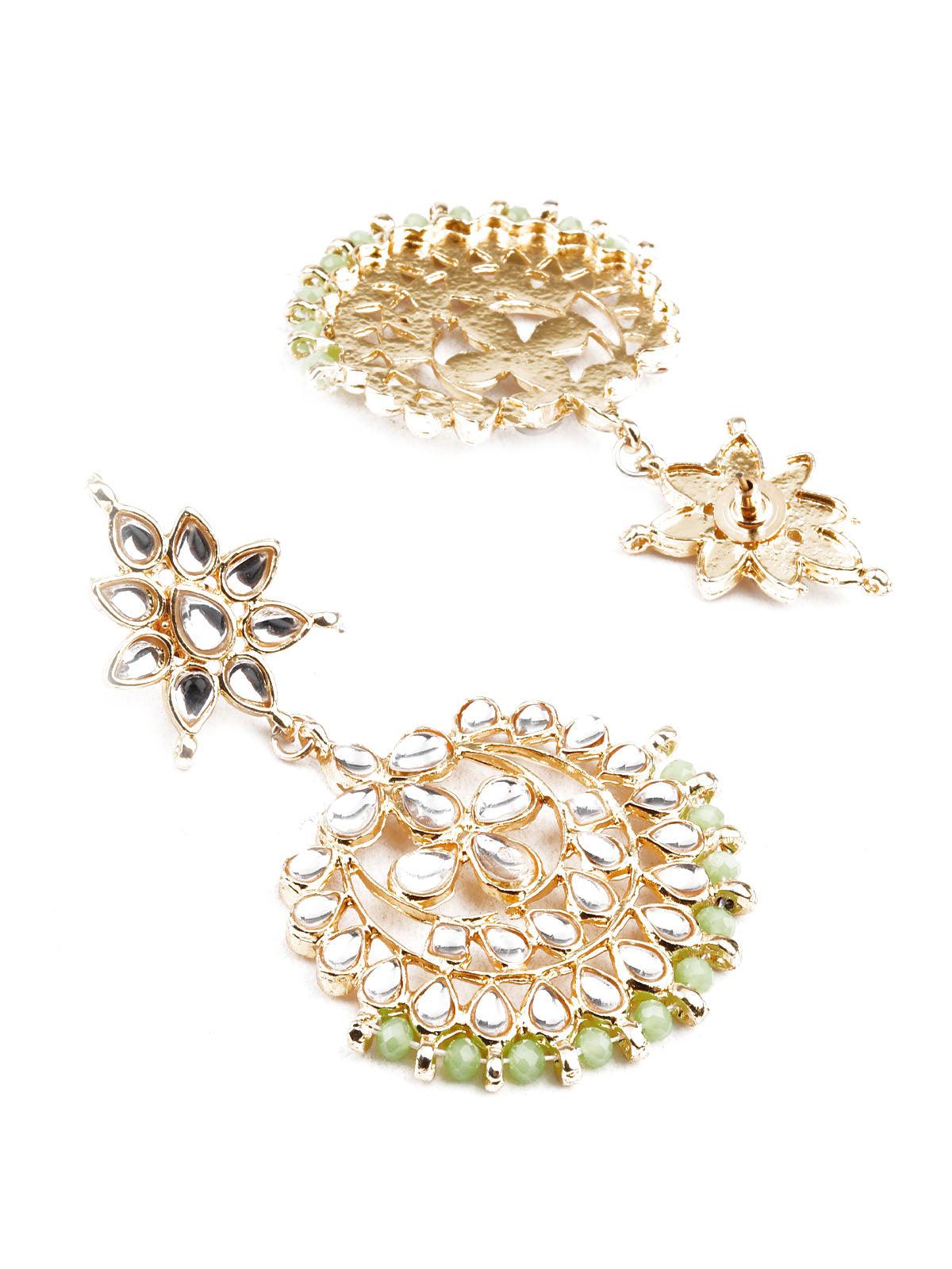 Women's Designer Green And Gold Dangler Earrings And Mangtika - Odette