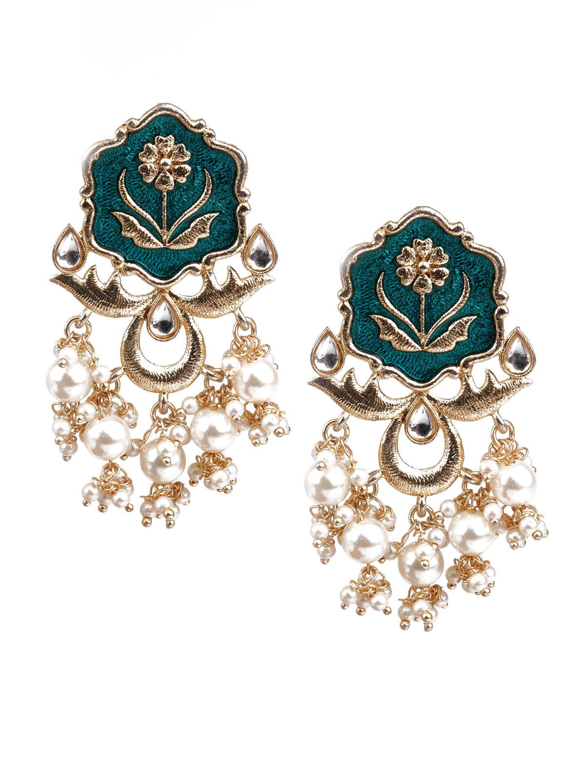 Women's Designer Green And Gold Dangler Earrings - Odette