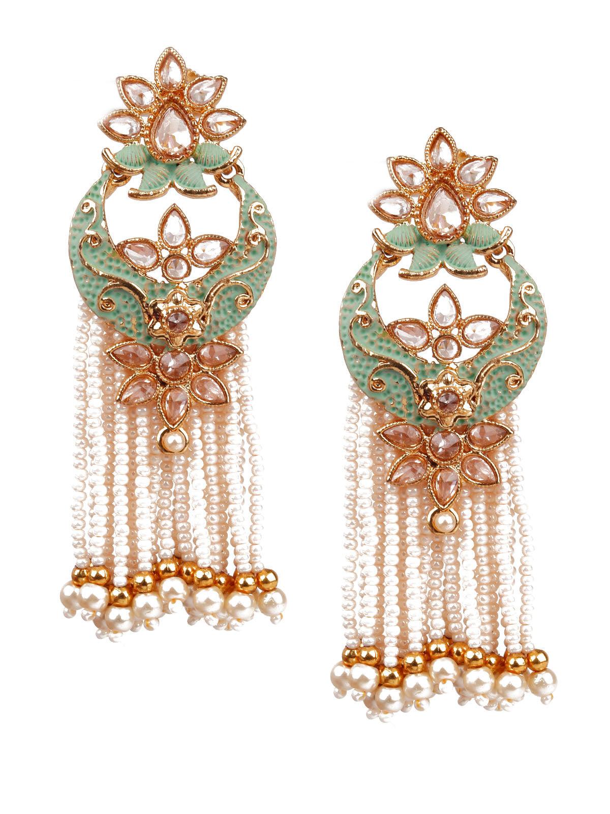 Women's Designer Green And Gold Meenakari Chandbali Earrings For Women - Odette