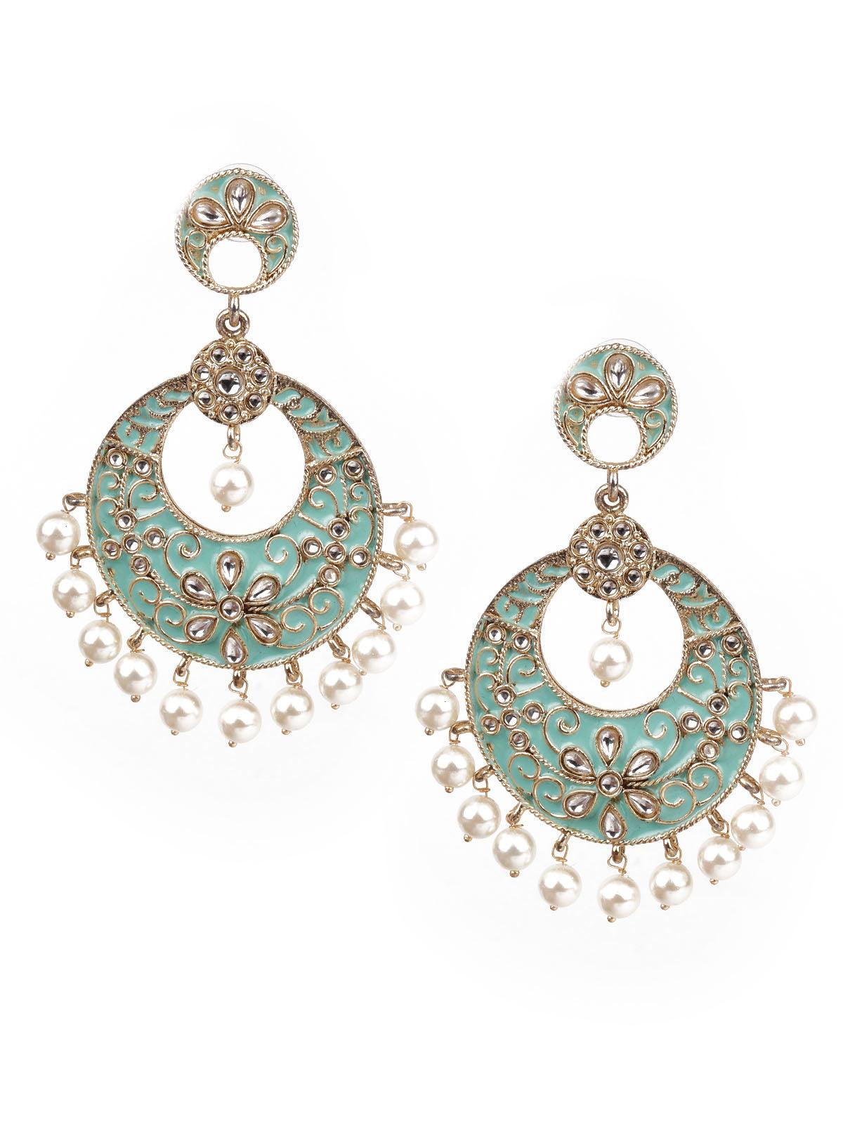 Women's Designer Green And Gold Meenakari Chandbali Earrings For Women - Odette