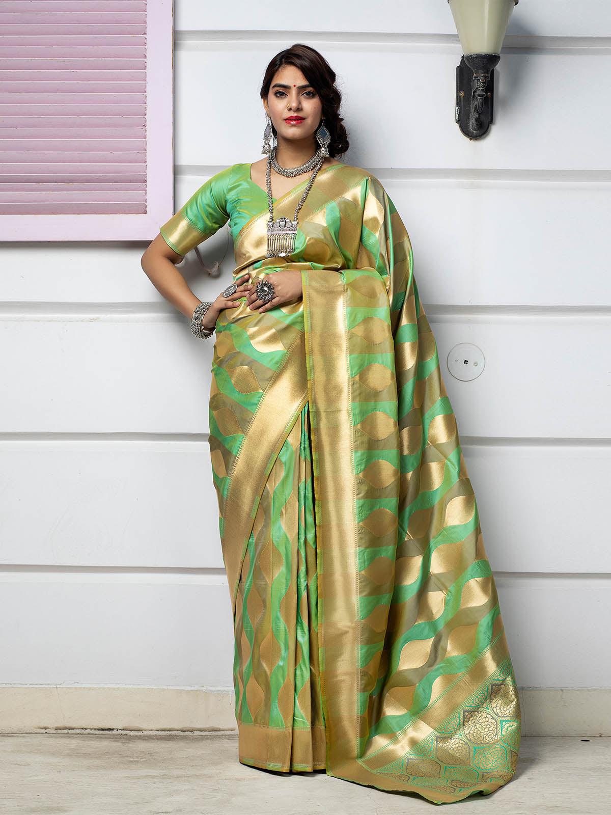 Women's Designer Green Banarasi Silk Saree - Odette