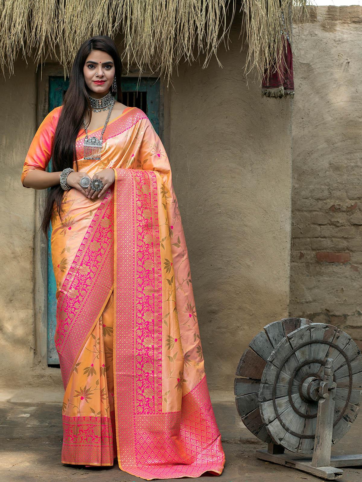 Women's Designer Light Orange Banarasi Silk Saree - Odette