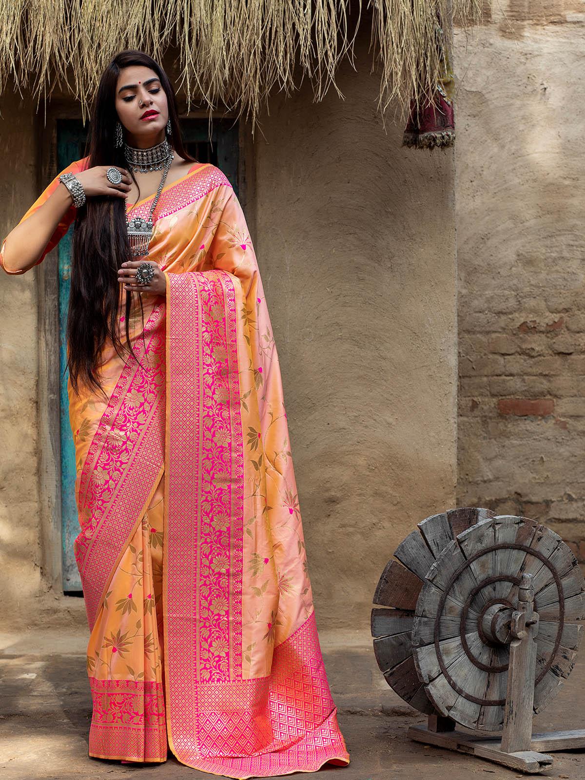 Women's Designer Light Orange Banarasi Silk Saree - Odette