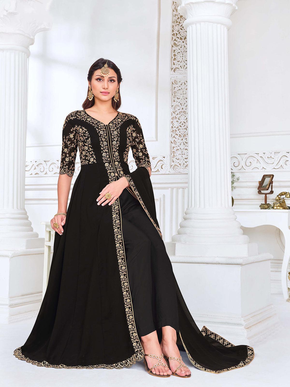 Women's Designer Long Length Black Color Georgette Suit - Odette
