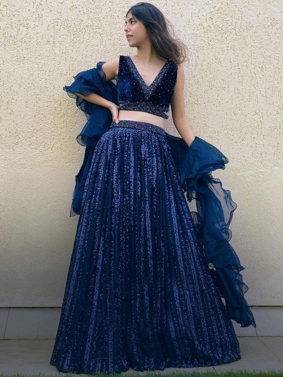 Women's Designer Navy Blue Sequins Lehenga Choli - Odette
