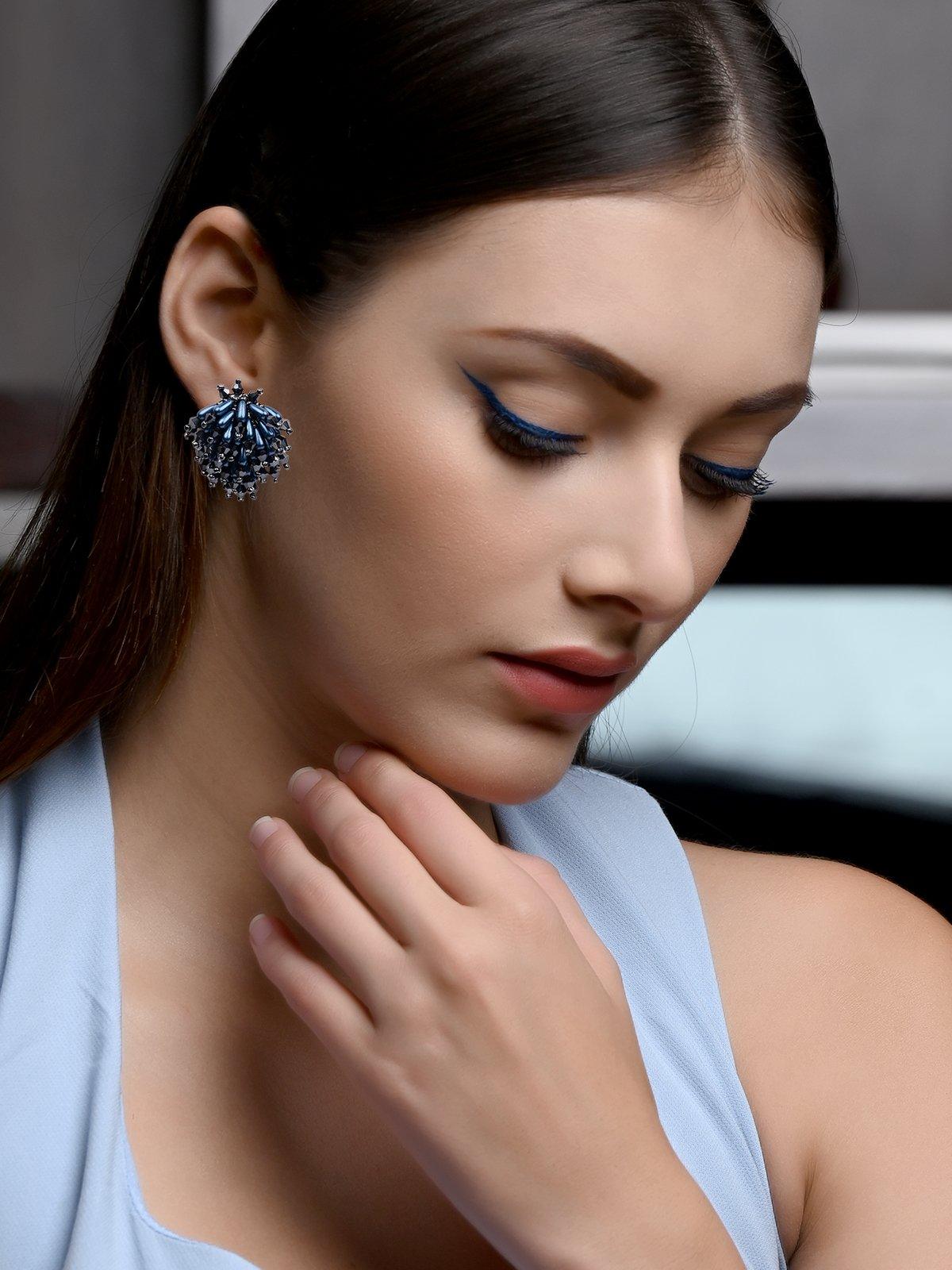 Women's Designer Navy Blue Studded Statement Earrings - Odette