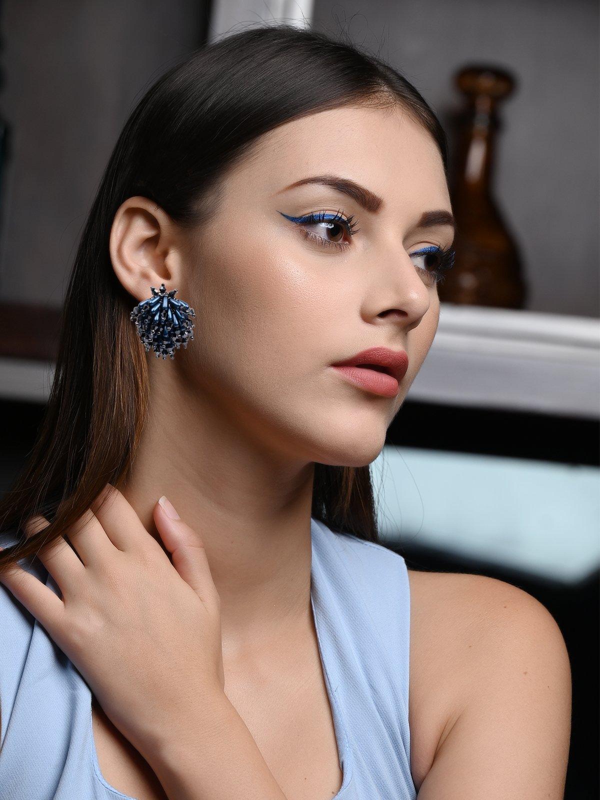 Women's Designer Navy Blue Studded Statement Earrings - Odette