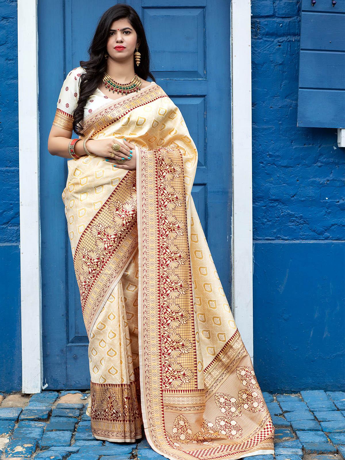 Women's Designer Off White Banarasi Silk Saree - Odette