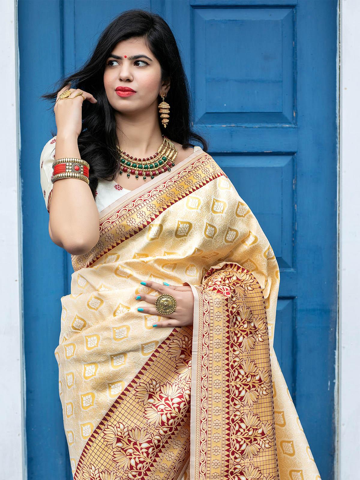 Women's Designer Off White Banarasi Silk Saree - Odette