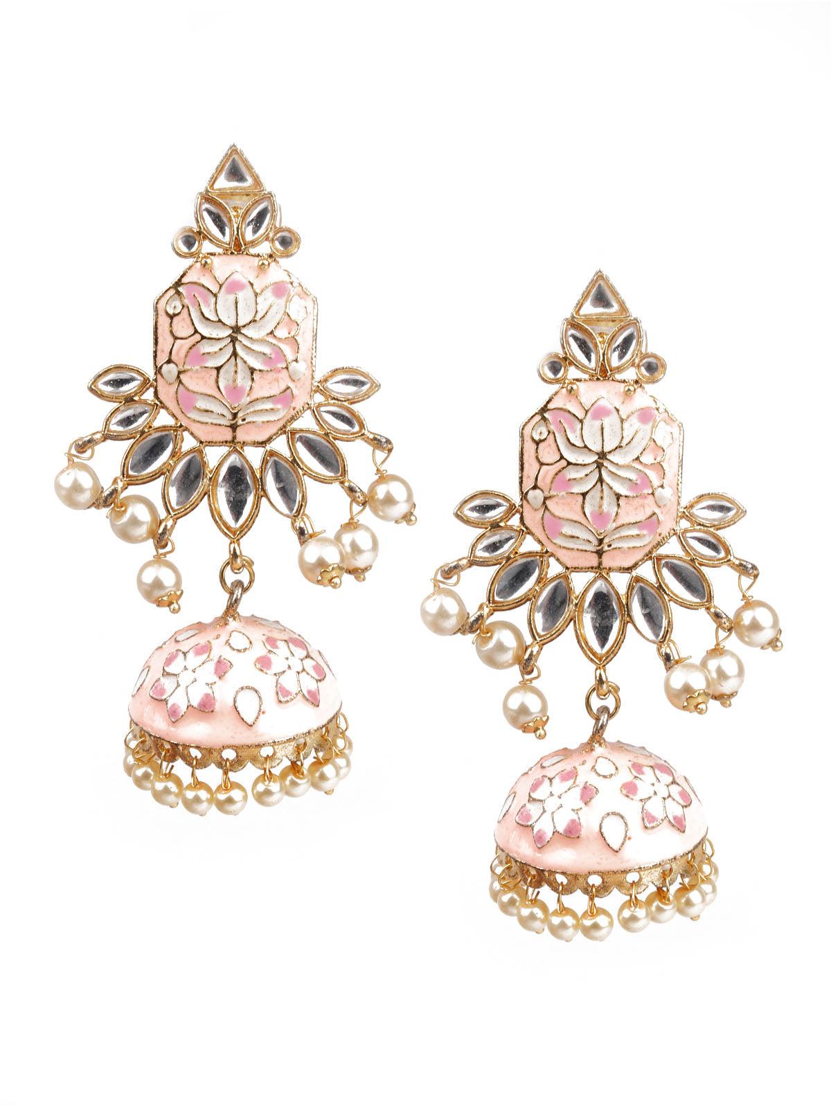 Women's Designer Peach And Gold Dangler Jhumki Earrings - Odette