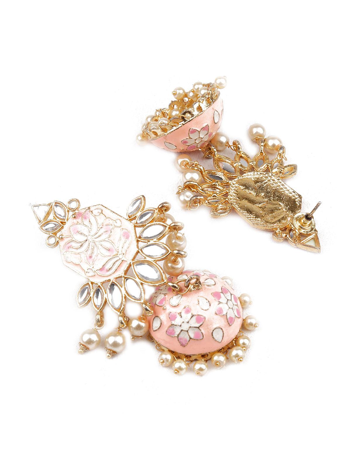 Women's Designer Peach And Gold Dangler Jhumki Earrings - Odette