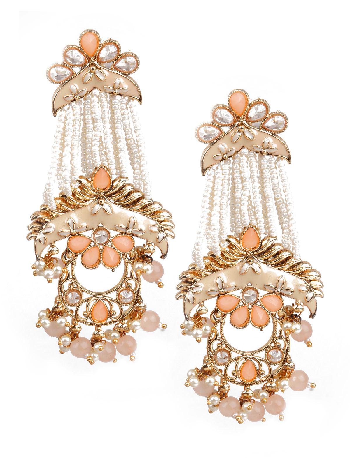 Women's Designer Peach And White Dangle Earrings - Odette