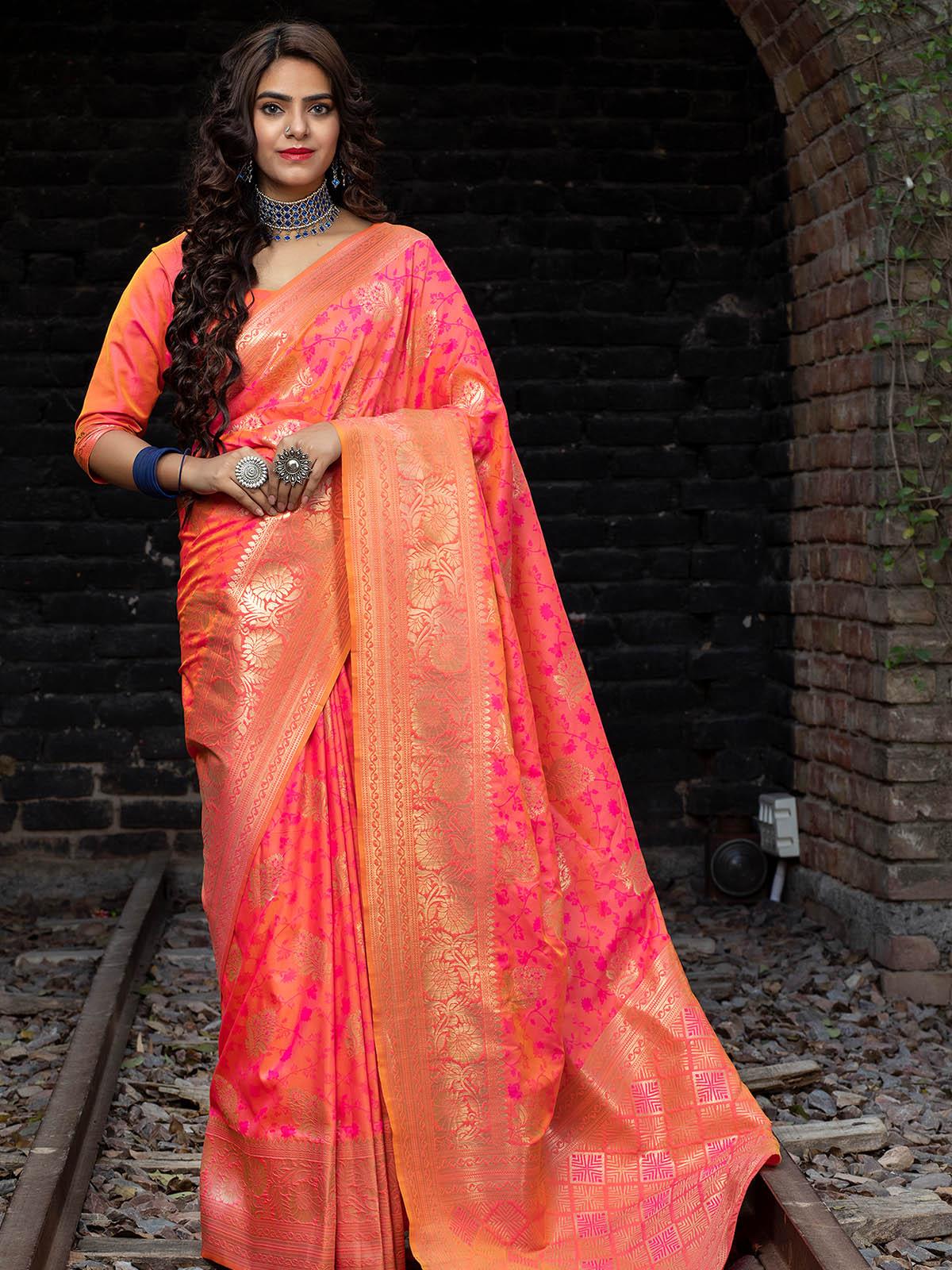 Women's Designer Pink Banarasi Silk Saree - Odette