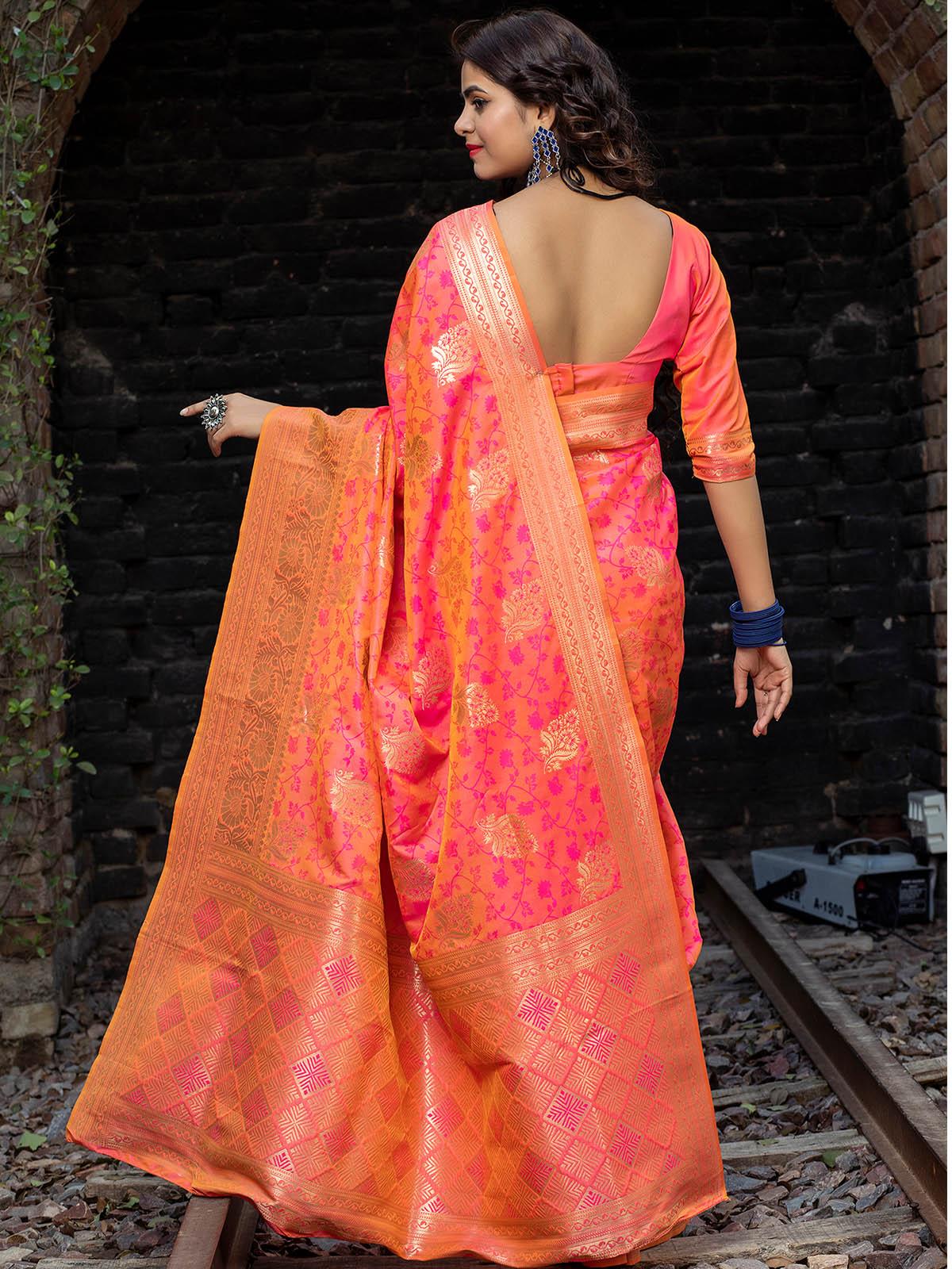 Women's Designer Pink Banarasi Silk Saree - Odette