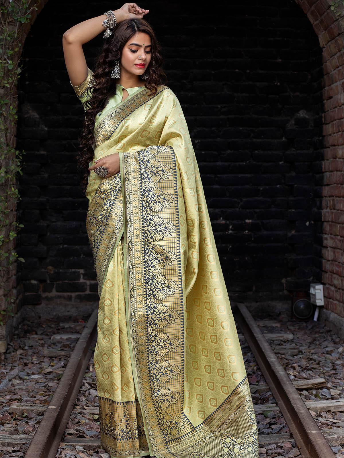 Women's Designer Pista Banarasi Silk Saree - Odette