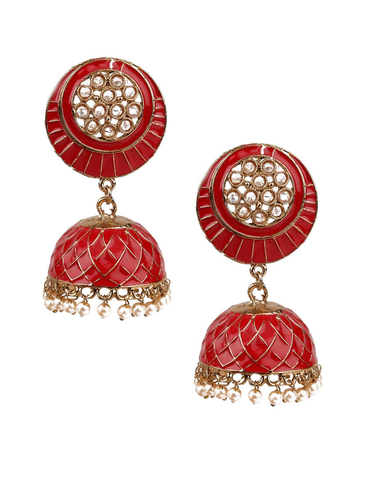 Women's Designer Red And Gold Big Jhumkis For Women - Odette