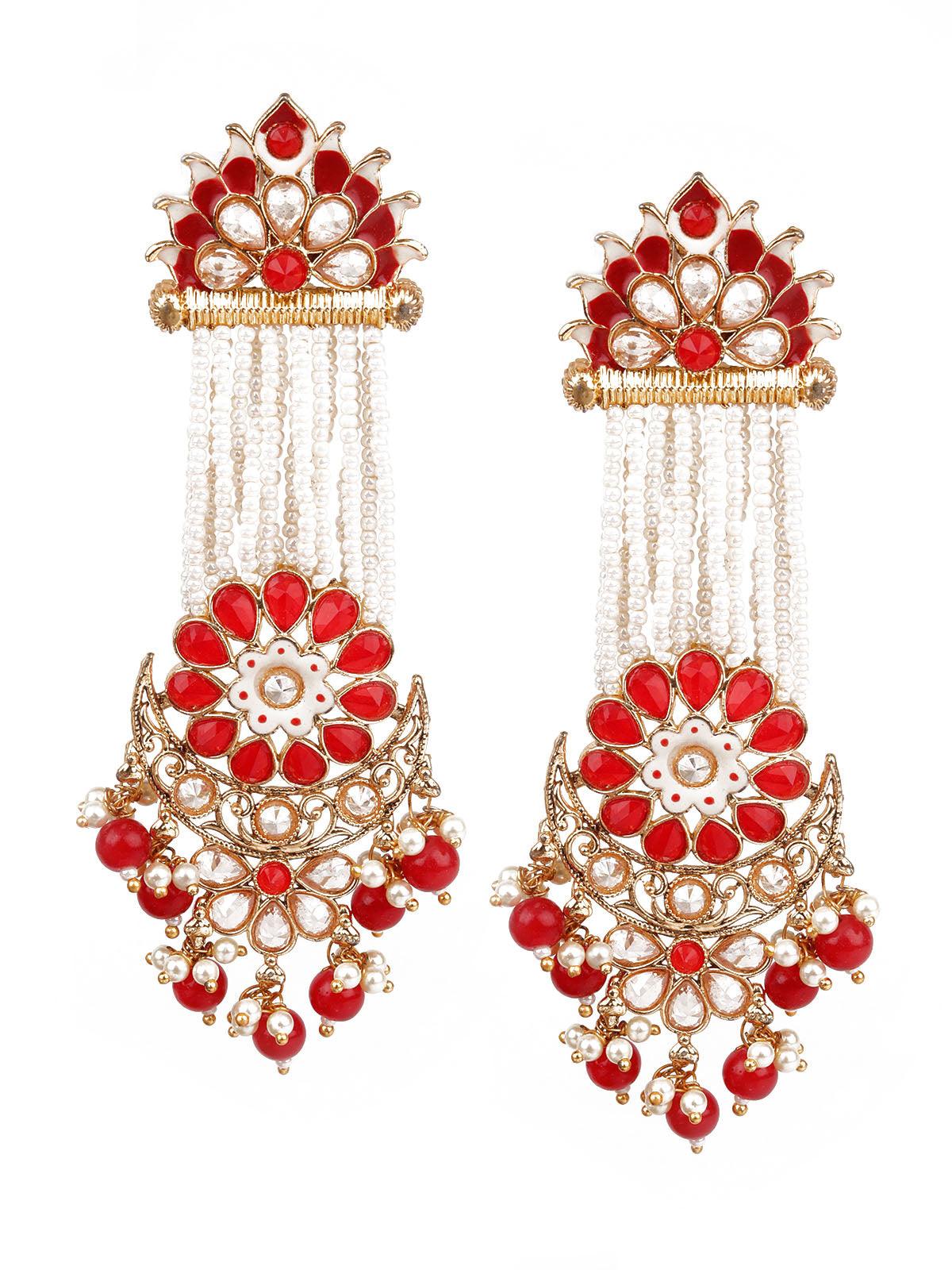 Women's Designer Red And Gold Chandbali Earrings - Odette