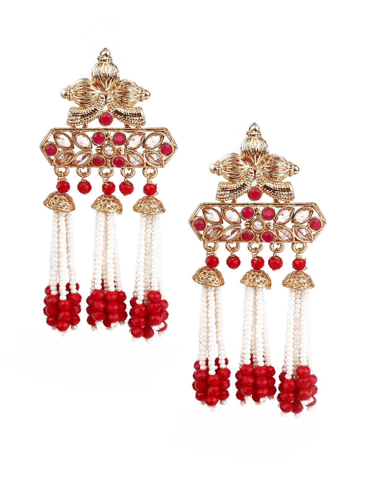 Women's Designer Red And Gold Dangle Earrings - Odette