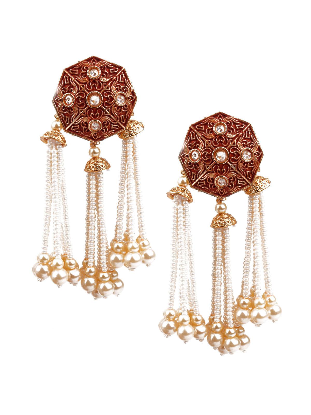 Women's Designer Red And Gold Tasseled Dangle Earrings - Odette