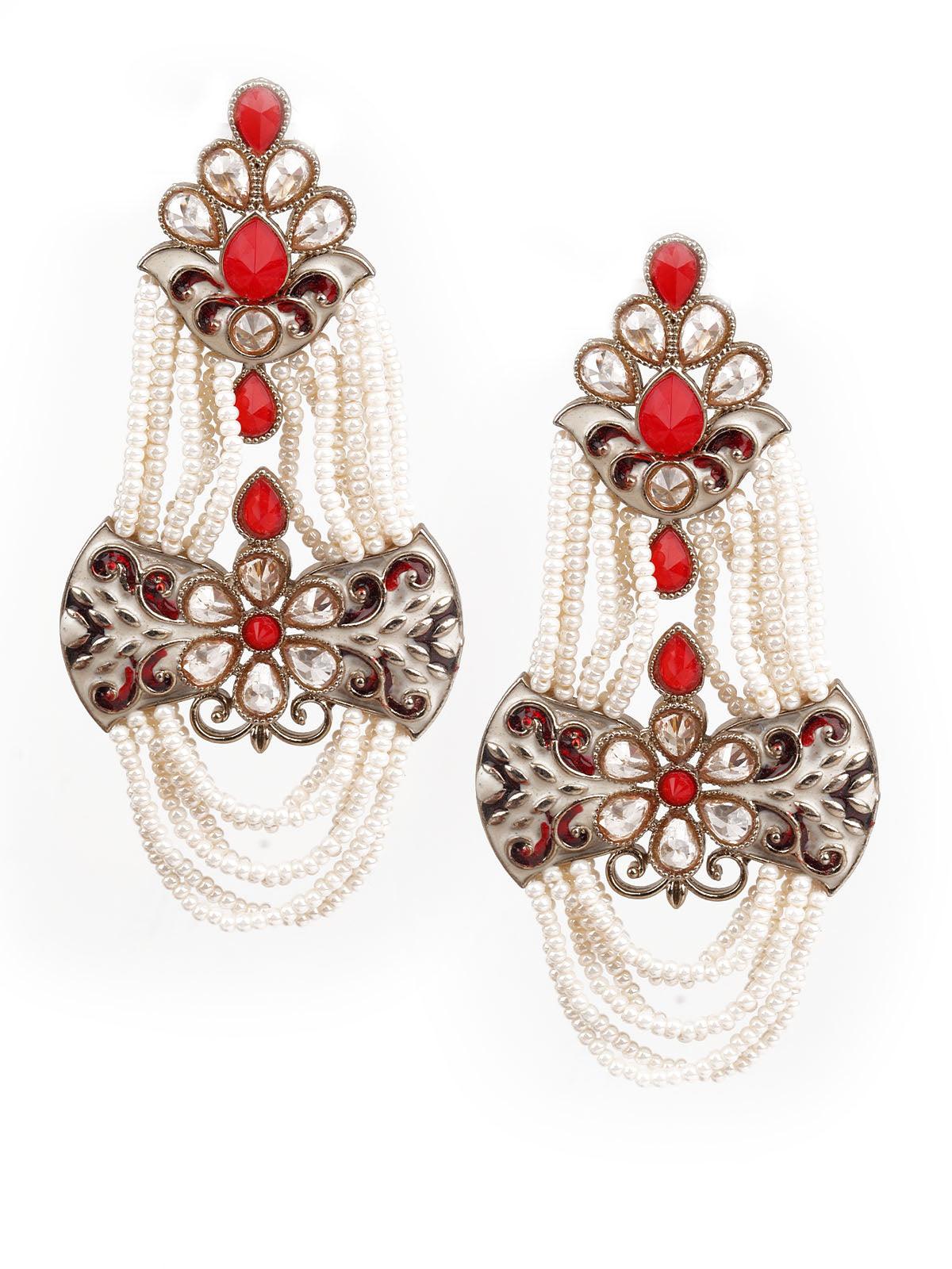 Women's Designer Red And White Dangler Earrings - Odette