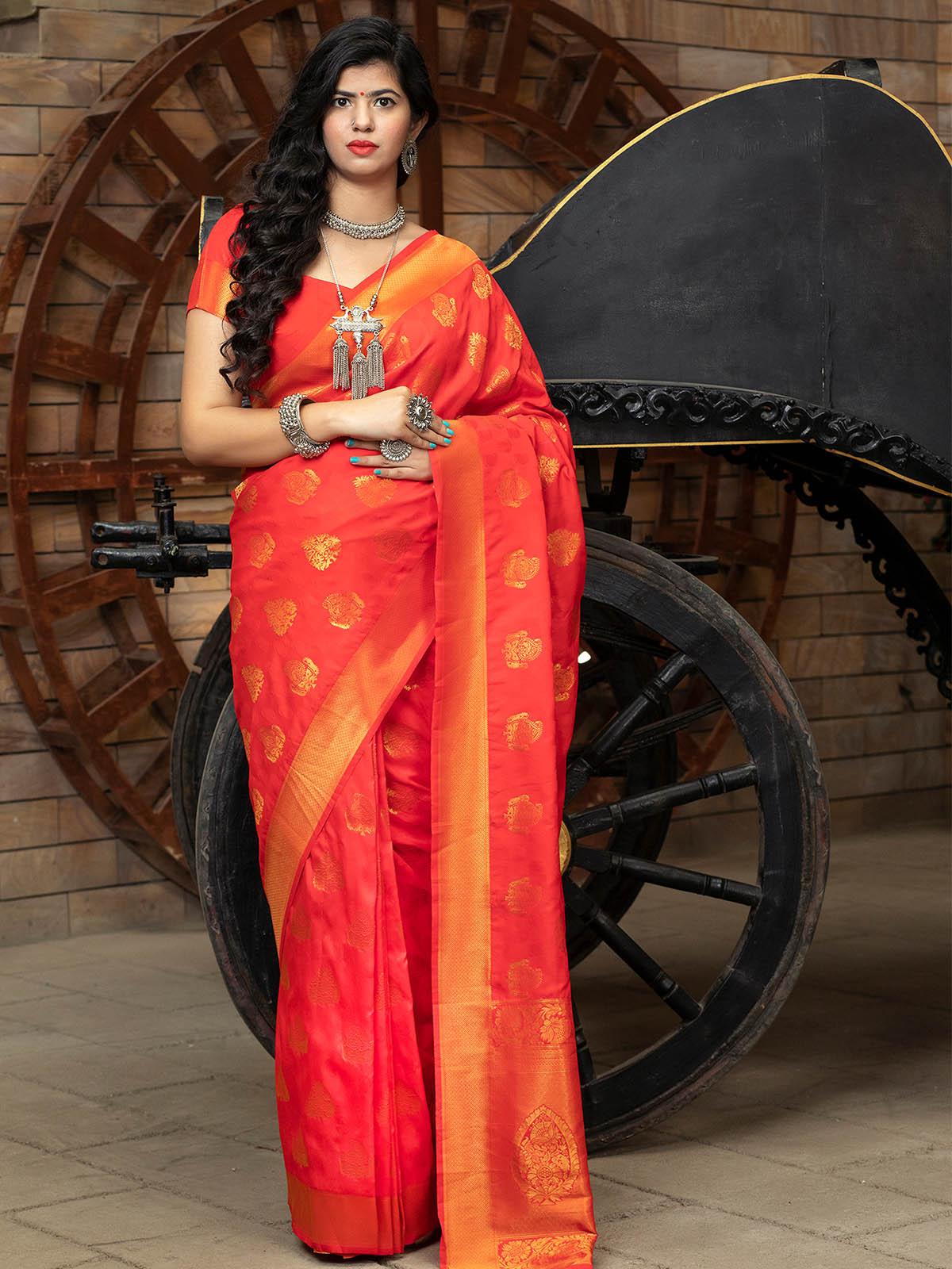 Women's Designer Red Banarasi Silk Saree - Odette
