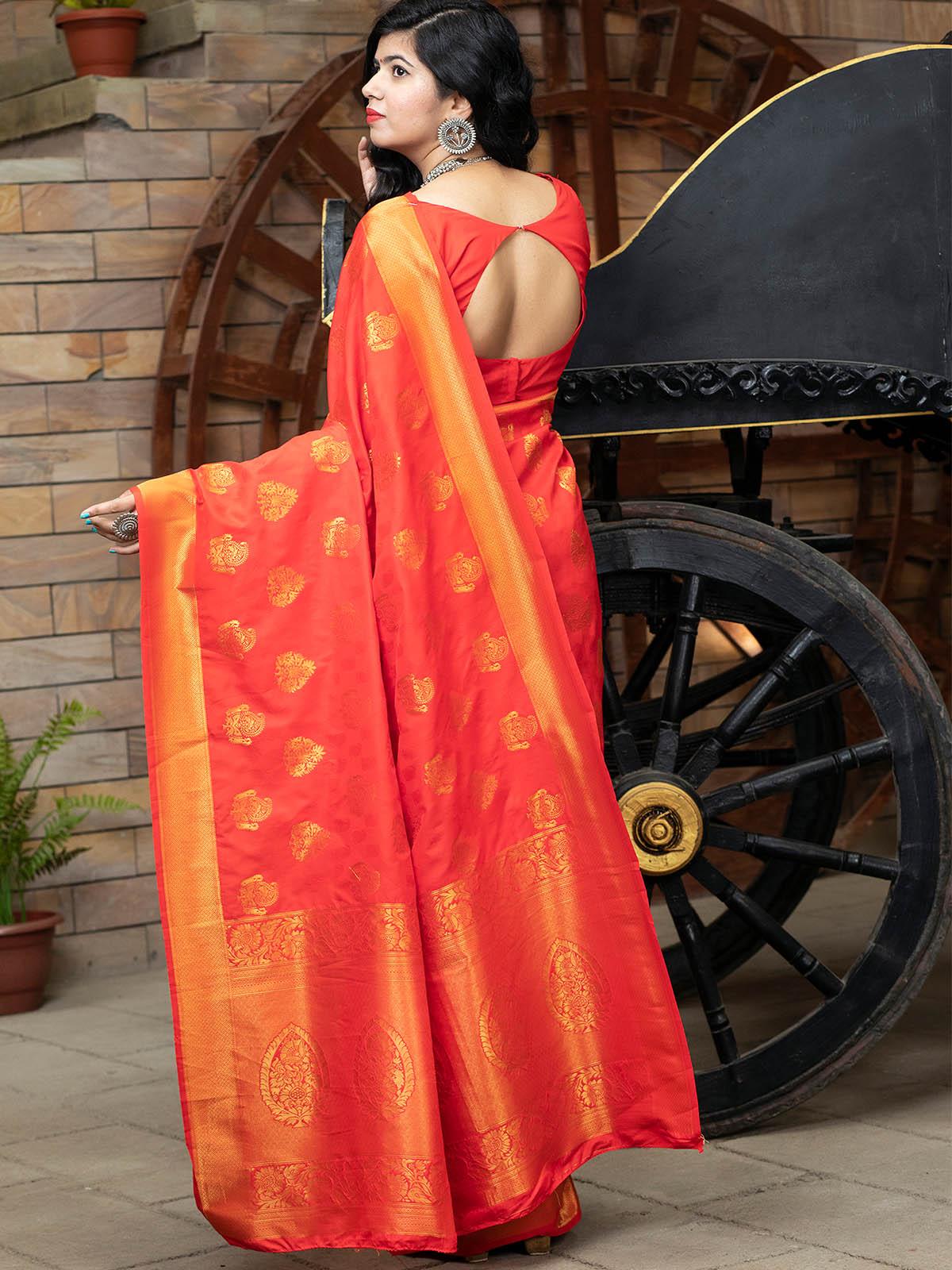 Women's Designer Red Banarasi Silk Saree - Odette
