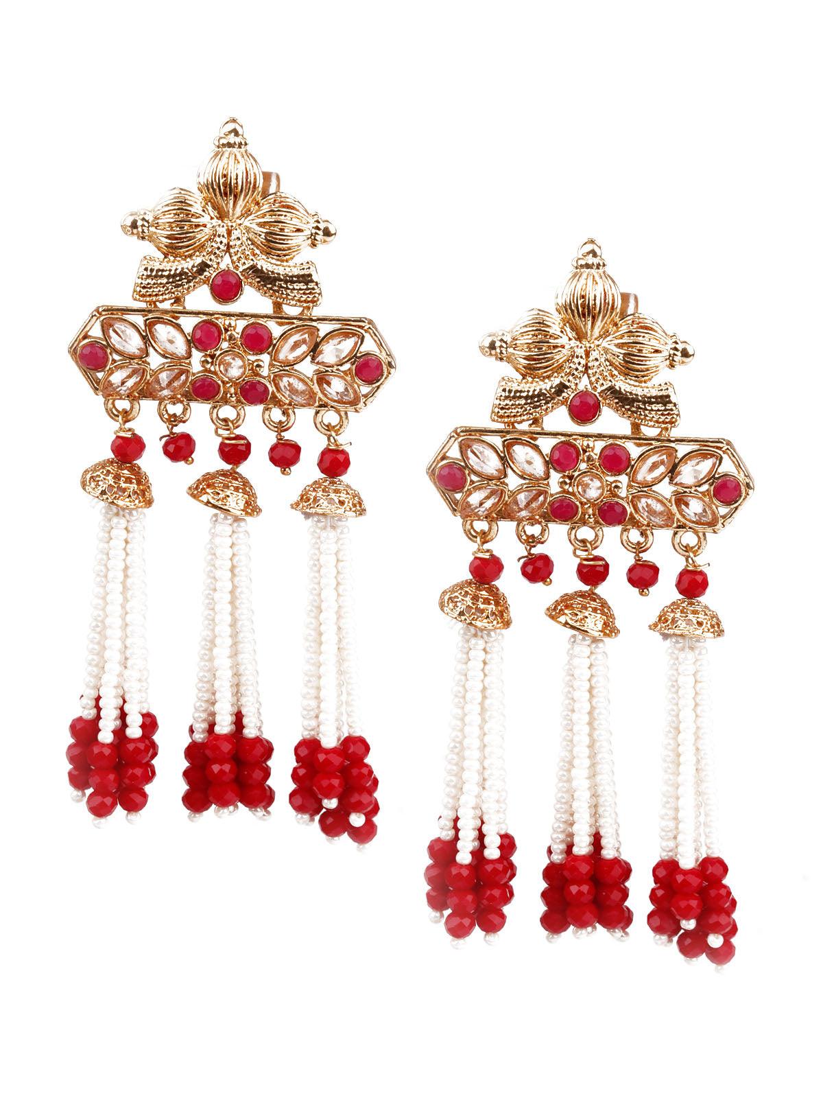Women's Designer Red, White And Gold Dangle Earrings - Odette
