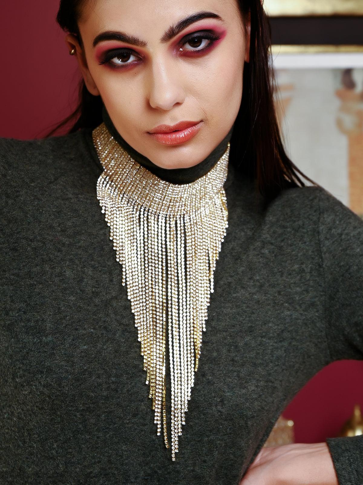 Women's Designer Royal Princess Crystal Tassel Necklace -Gold - Odette