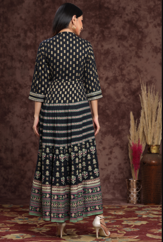 Women's Darkblue Rayon Embroidered Flared Dress - Juniper