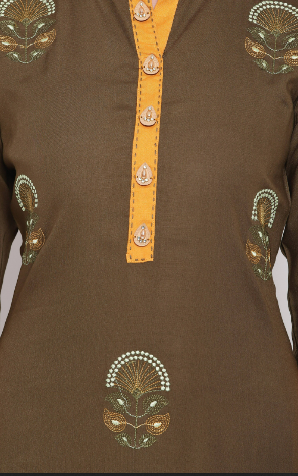 Women's Embroidered Straight Rayon Mehendi Green Kurta (1Pc) - Vbuyz