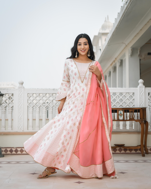 Women's Coconut White Printed Anarkali Suit Set - Indian Virasat