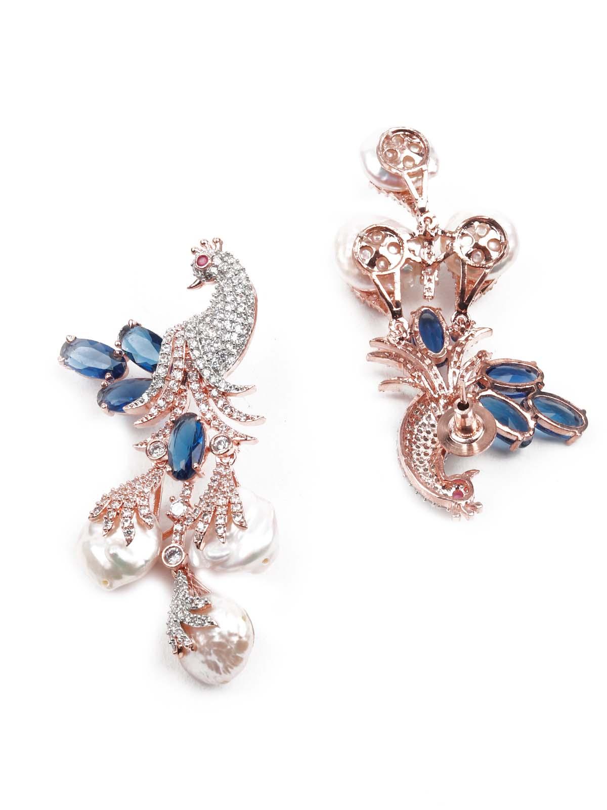 Women's Diamond Studded Royal Blue And White Peacock Earrings - Odette