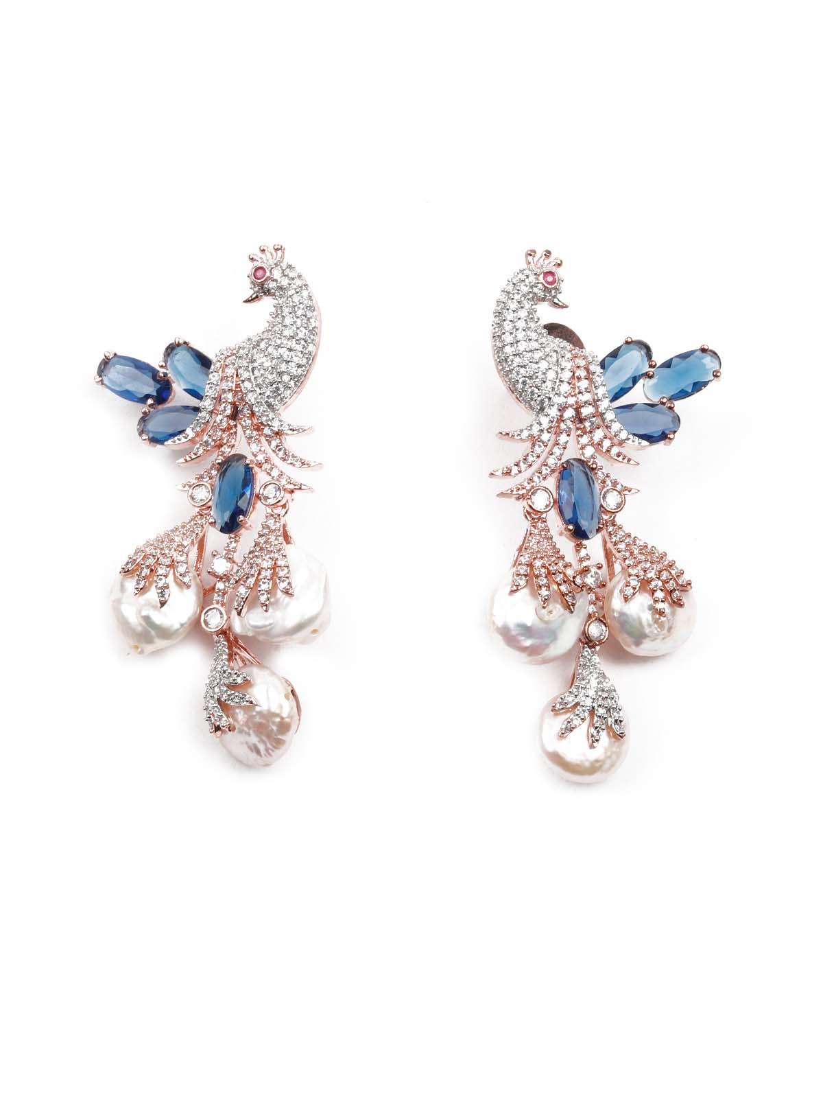 Women's Diamond Studded Royal Blue And White Peacock Earrings - Odette