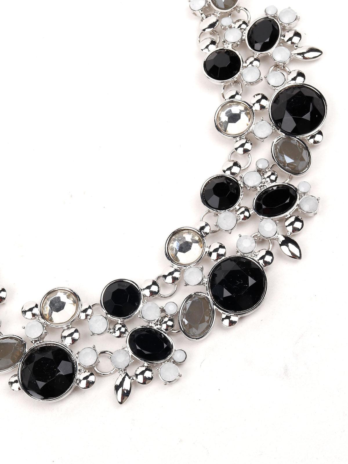 Women's Double Layered Silver And Black Statement Necklace - Odette