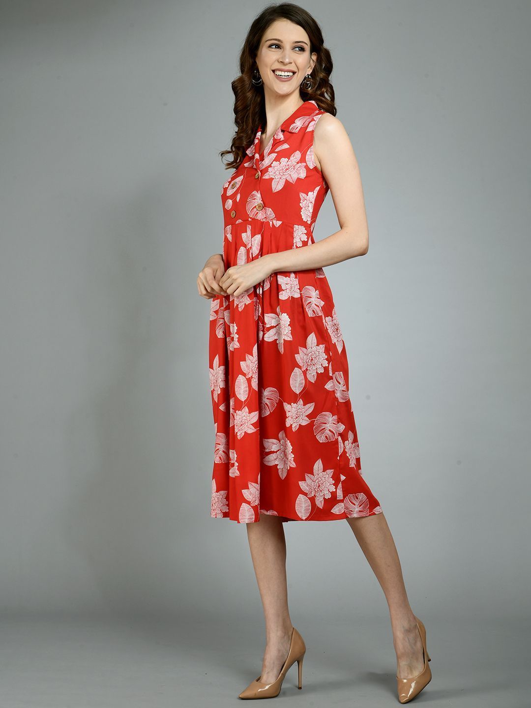 Women's Red Rayon Printed Sleeveless Collar Neck Casual Dress - Myshka