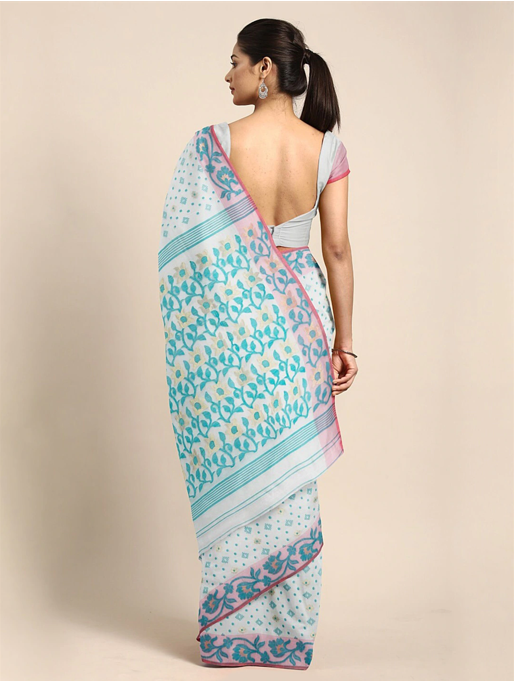 Women's White & Blue handwoven Silk Cotton Jamdani saree - Sajasajo