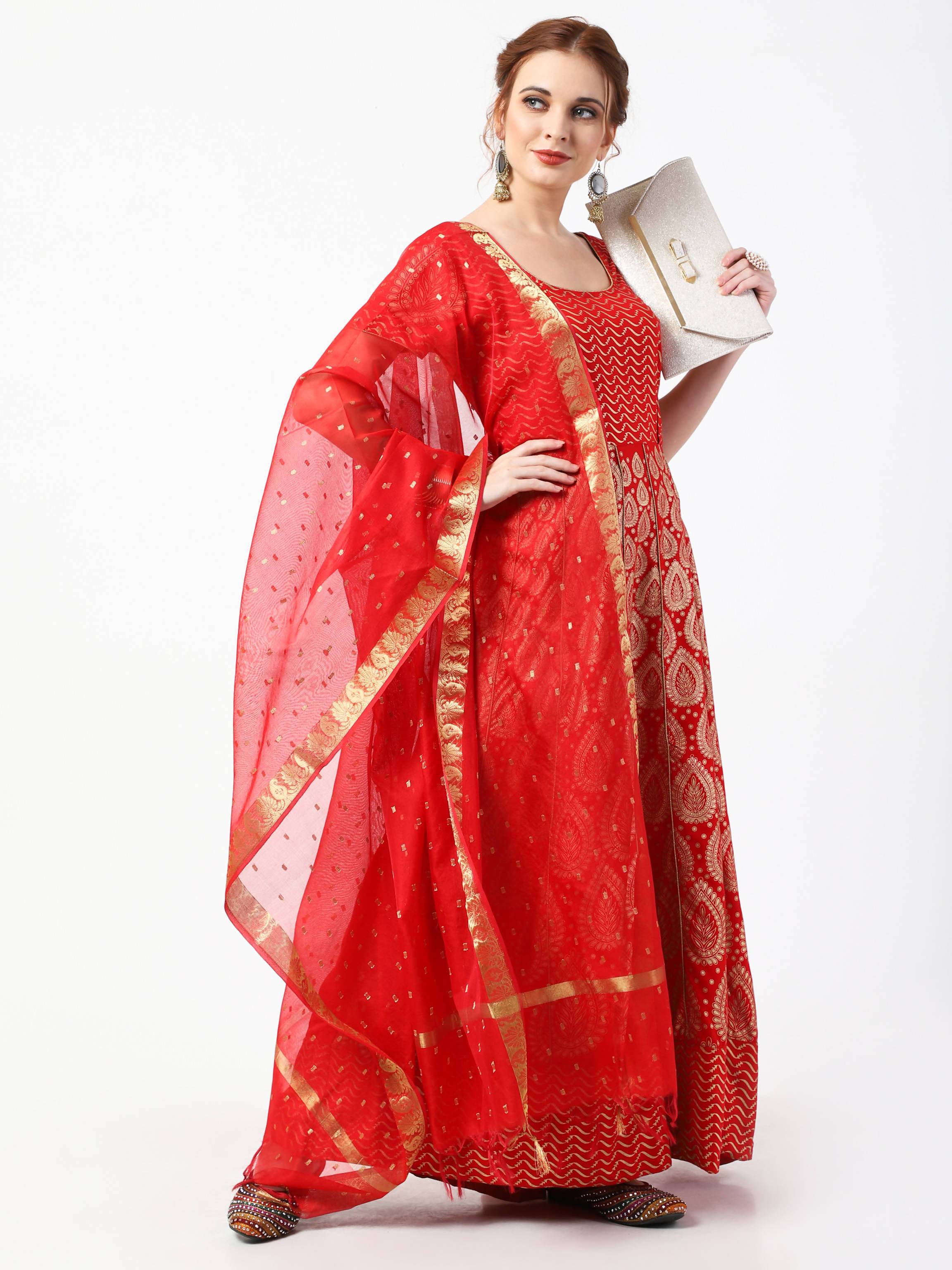 Women's Red Chanderi Silk & Rayon Hand Block Print Long Dress With Silk Dupatta Set - Cheera