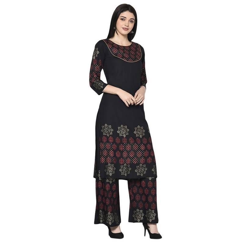 Women's Black Rayon Block print straight kurta