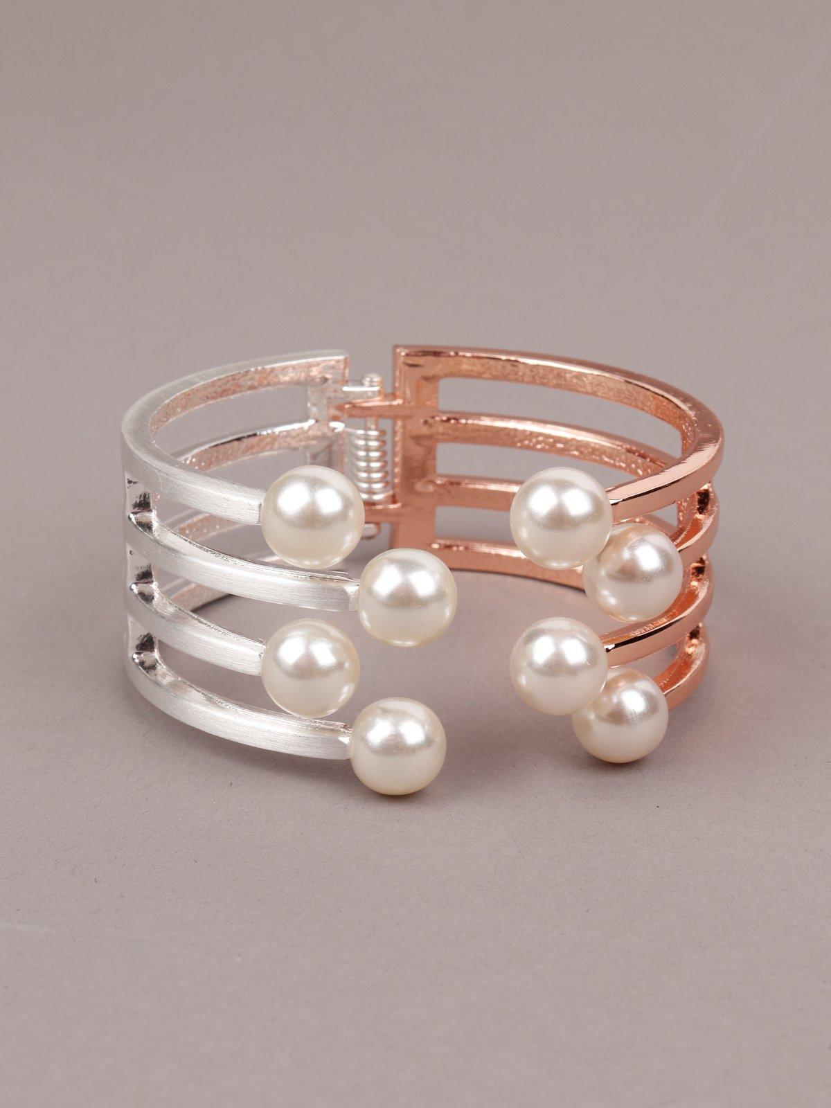 Women's Dual Silver And Gold  Pearl-Embellished Cuff Bracelet - Odette