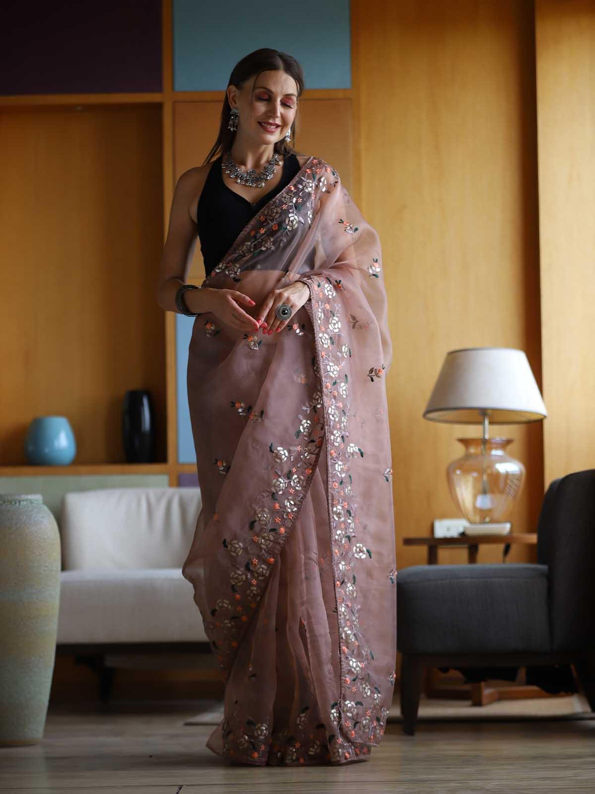 Women's Dusty Brown Organza Embroidery Saree With Blouse - Odette