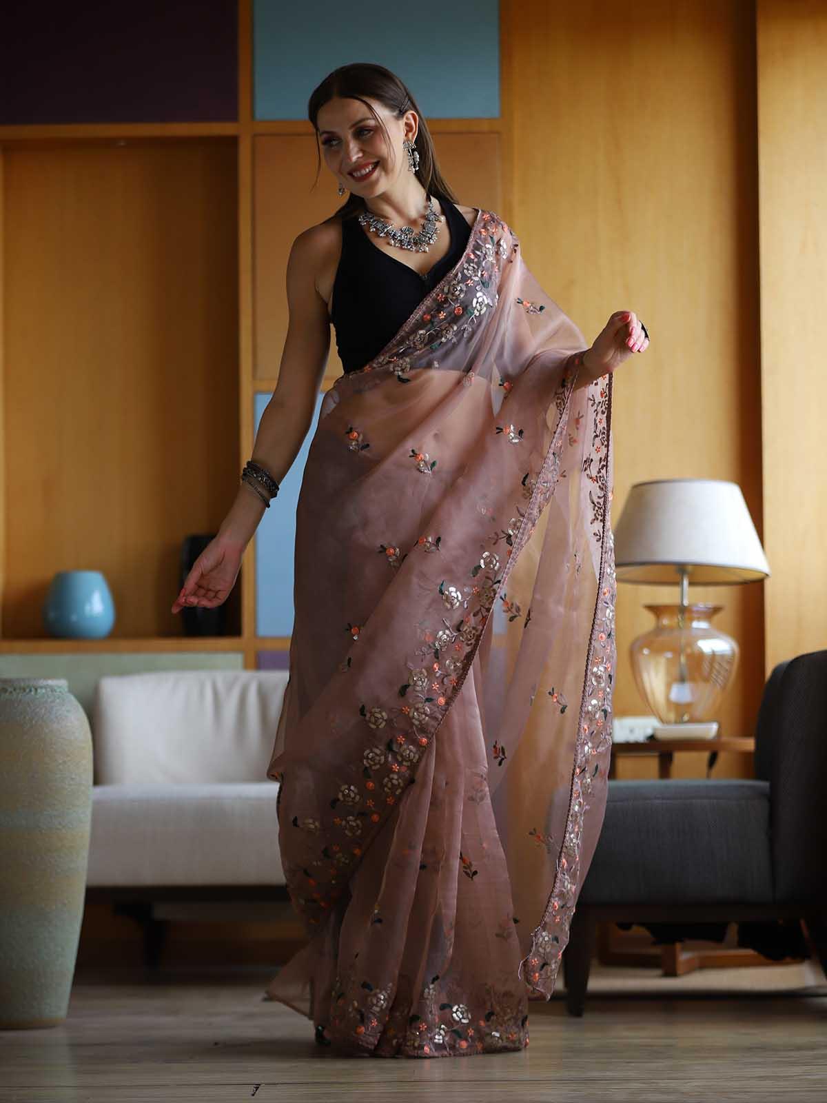Women's Dusty Brown Organza Embroidery Saree With Blouse - Odette