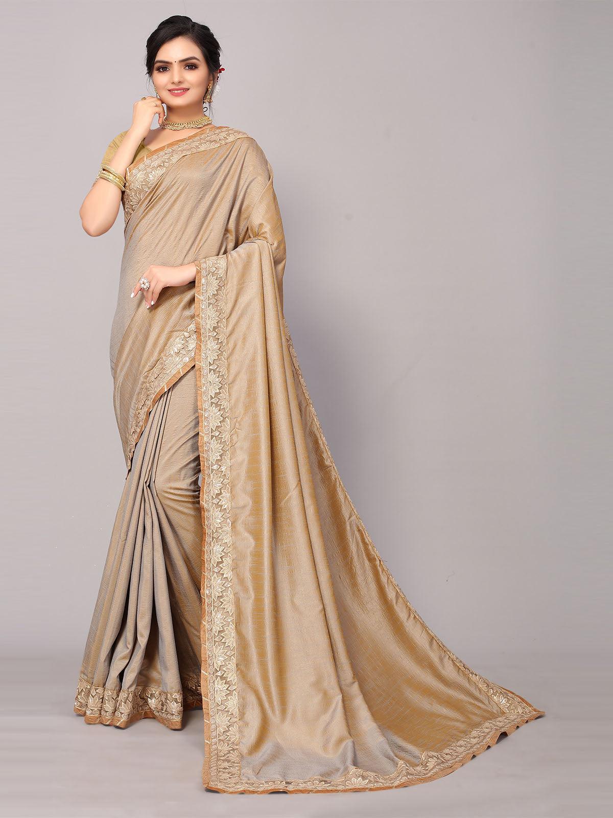 Women's Dusty Brown Satin Silk Embroidery Border Work Saree With Blouse. - Odette