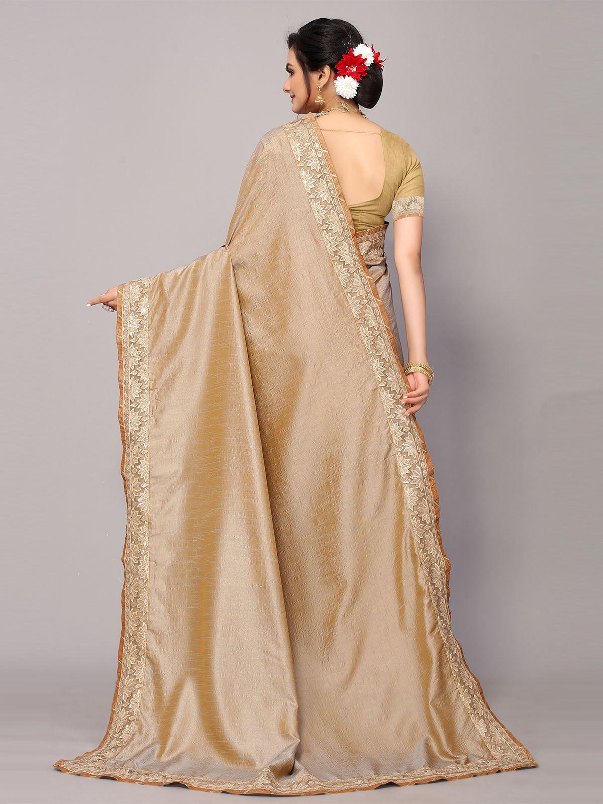 Women's Dusty Brown Satin Silk Embroidery Border Work Saree With Blouse. - Odette