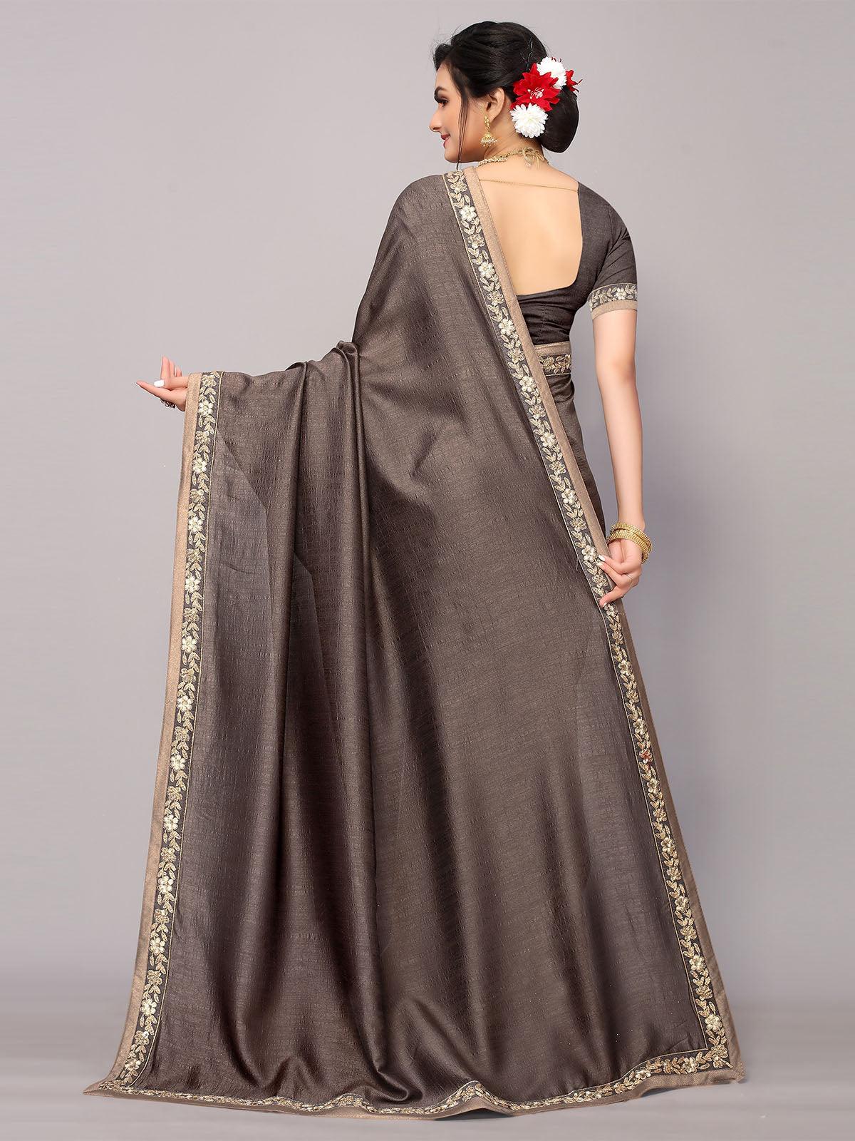 Women's Dusty Grey Poly Silk Embroidery Border Work Saree With Blouse - Odette