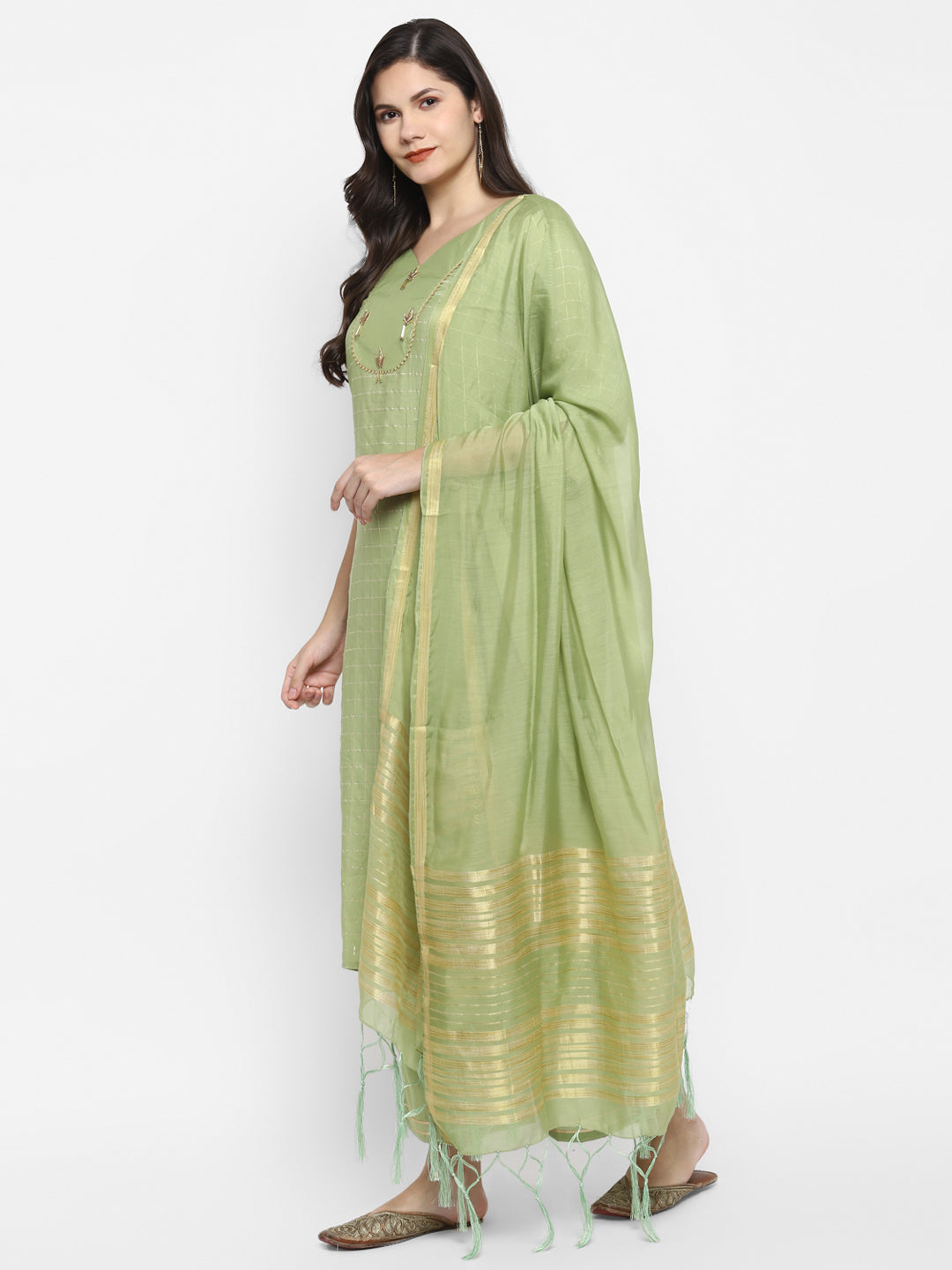 Women's Green Color Chanderi Silk Embroidered Straight Kurta Palazzo With Dupatta - VAABA